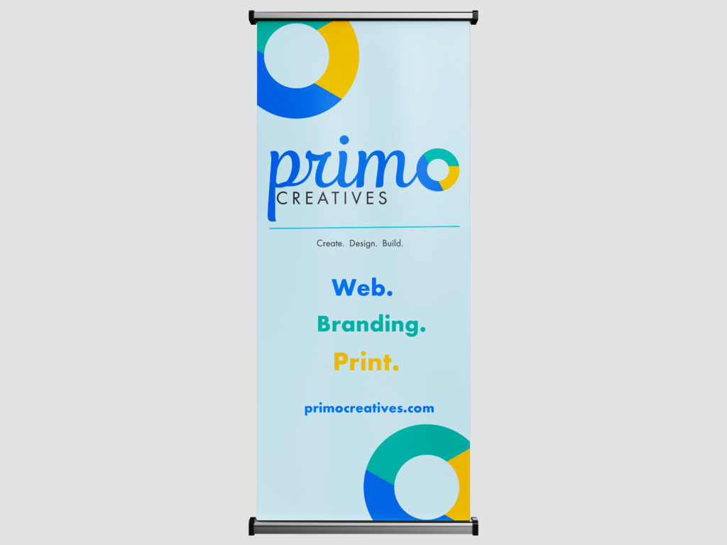 light blue pullup banner with Primo Creatives logo and icons, along with our tagline, Create. Design. Build.