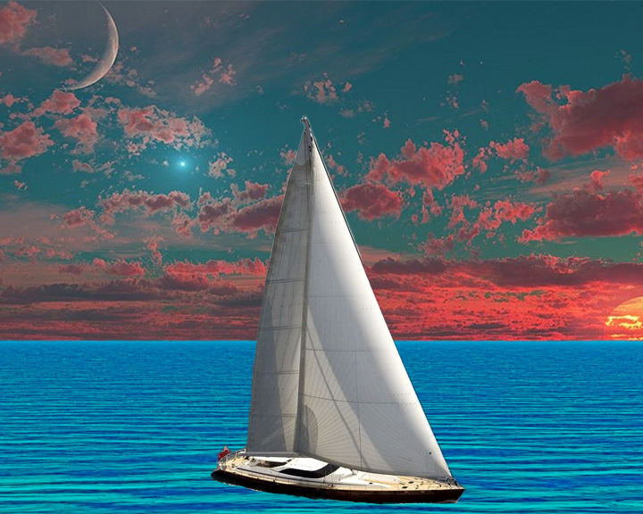 sail boat on clear blue water below a night sky of pink clouds. This demonstrates the art style, Photo montage.